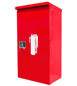 Surface-mounted outdoors steel fire cabinet for 10 lbs extinguishers.