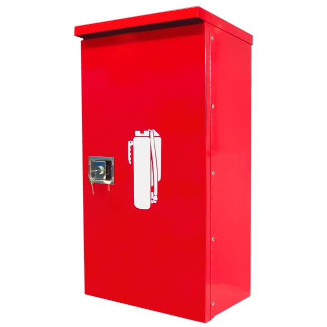 Surface-mounted outdoors steel fire cabinet for 10 lbs extinguishers.