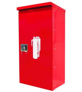 Surface-mounted outdoors steel fire cabinet for 30 lbs extinguishers.