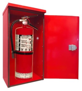 Surface-mounted outdoors steel fire cabinet for 10 lbs extinguishers.