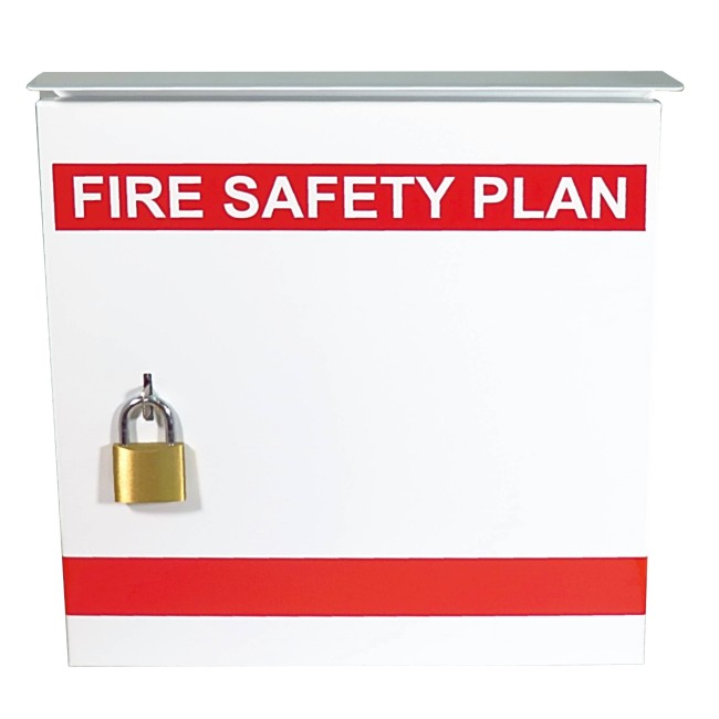 Steel box safety plan13 3/8 in W X 13 3/8 in H X 4 1/4 in. Fire safety plan box is made 18 gauge.