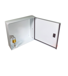 Steel box safety plan13 3/8 in W X 13 3/8 in H X 4 1/4 in. Fire safety plan box is made 18 gauge.