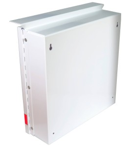 Steel box safety plan13 3/8 in W X 13 3/8 in H X 4 1/4 in. Fire safety plan box is made 18 gauge.