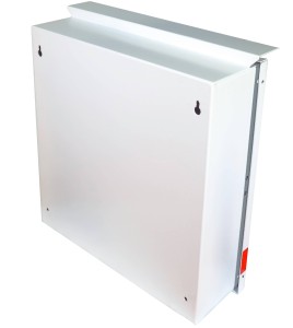 Steel box safety plan13 3/8 in W X 13 3/8 in H X 4 1/4 in. Fire safety plan box is made 18 gauge.