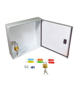 Steel box safety plan13 3/8 in W X 13 3/8 in H X 4 1/4 in. Fire safety plan box is made 18 gauge.