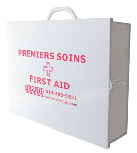 First aid kit with 30 types of items for daycare centers, compliant with Quebec regulation.