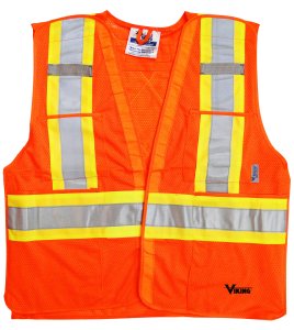 High-visibility orange safety vest, 4 sizes, CSA Z96-15 class 2 level 2, 4 pockets.