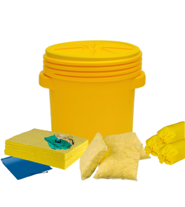 Chemical spill kit in static overpack drum, capacity 20 US gallons.