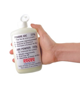 Bouteille de poudre classe ABC pour petits feux, format de poche 225 g. Pour travailleurs forestiers.