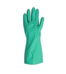 Nitrile unsupported textured & flock-lined safety glove for chemical protection. 13 in long and 11 mils thick.