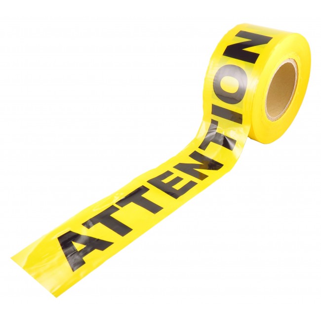 Yellow barricade tape, ATTENTION, 3 in X 1000 ft.