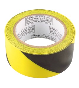 Striped adhesive warning tape, black and yellow 2 in X 48 ft,  (50 mm x 16 m). 