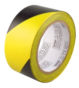 Striped adhesive warning tape, black and yellow 2 in X 48 ft,  (50 mm x 16 m). 