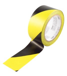 Striped adhesive warning tape, black and yellow 2 in X 48 ft,  (50 mm x 16 m). 