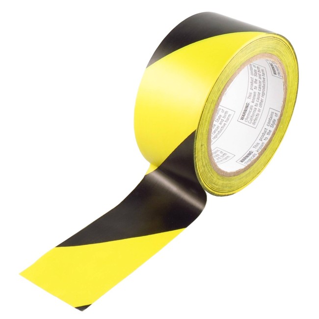 Striped adhesive warning tape, black and yellow 2 in X 48 ft,  (50 mm x 16 m). 