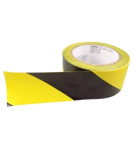 Striped adhesive warning tape, black and yellow 2 in X 48 ft,  (50 mm x 16 m). 