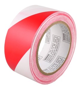 Striped warning adhesive tape, red and white 2 in X 48 ft (50 mm X 16 m). 