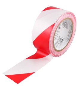 Striped warning adhesive tape, red and white 2 in X 48 ft (50 mm X 16 m). 