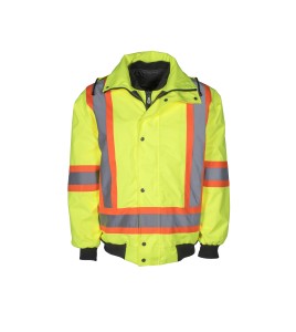 High-visibility 6-in-1 winter coat, fluorescent yellow with retroreflective stripes, CSA Z96-15 Class 2 Level 2.