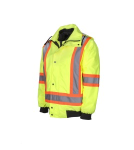 High-visibility 6-in-1 winter coat, fluorescent yellow with retroreflective stripes, CSA Z96-15 Class 2 Level 2.