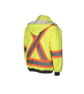 High-visibility 6-in-1 winter coat, fluorescent yellow with retroreflective stripes, CSA Z96-15 Class 2 Level 2.