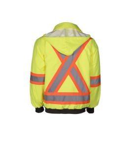 High-visibility 6-in-1 winter coat, fluorescent yellow with retroreflective stripes, CSA Z96-15 Class 2 Level 2.