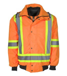 High-visibility 6-in-1 winter coat, fluorescent orange with retroreflective stripes, CSA Z96-15 Class 2 Level 2.