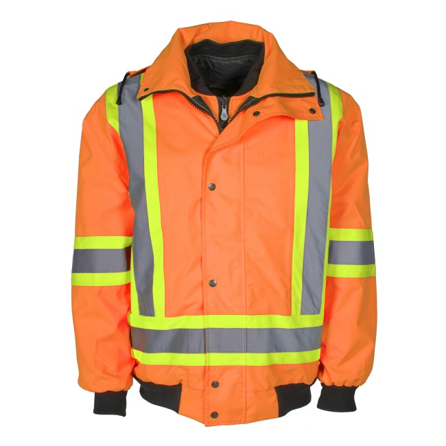 High-visibility 6-in-1 winter coat, fluorescent orange with retroreflective stripes, CSA Z96-15 Class 2 Level 2.