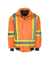 High-visibility 6-in-1 winter coat, fluorescent orange with retroreflective stripes, CSA Z96-15 Class 2 Level 2.