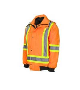 High-visibility 6-in-1 winter coat, fluorescent orange with retroreflective stripes, CSA Z96-15 Class 2 Level 2.