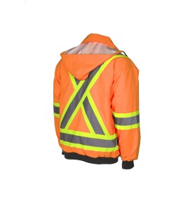 High-visibility 6-in-1 winter coat, fluorescent orange with retroreflective stripes, CSA Z96-15 Class 2 Level 2.