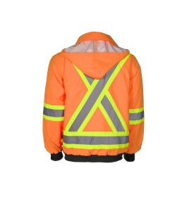 High-visibility 6-in-1 winter coat, fluorescent orange with retroreflective stripes, CSA Z96-15 Class 2 Level 2.