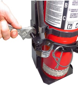 Box-type vehicle bracket for 5 lb portable fire extinguishers with 4 to 4 ½ inches in diameter