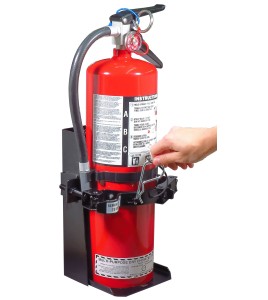 Box-type vehicle bracket for 5 lb portable fire extinguishers with 4 to 4 ½ inches in diameter