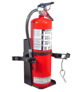 Box-type vehicle bracket for 5 lb portable fire extinguishers with 4 to 4 ½ inches in diameter