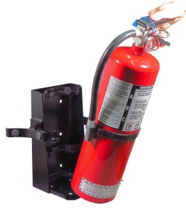 Box-type vehicle bracket for 5 lb portable fire extinguishers with 4 to 4 ½ inches in diameter