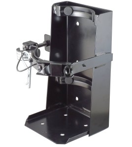 Box-type vehicle bracket for 20 lb portable fire extinguishers with 6 ¼ to 6 ¾ inches in diameter