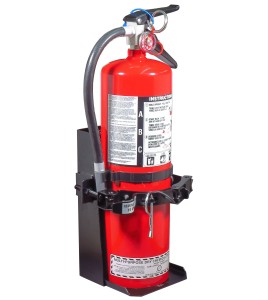 Box-type vehicle bracket for 20 lb portable fire extinguishers with 6 ¼ to 6 ¾ inches in diameter