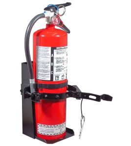 Box-type vehicle bracket for 20 lb portable fire extinguishers with 6 ¼ to 6 ¾ inches in diameter