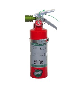 Portable fire extinguisher with Halotron I, 2.0 lbs, class BC, ULC 2B:C, with vehicle hook.