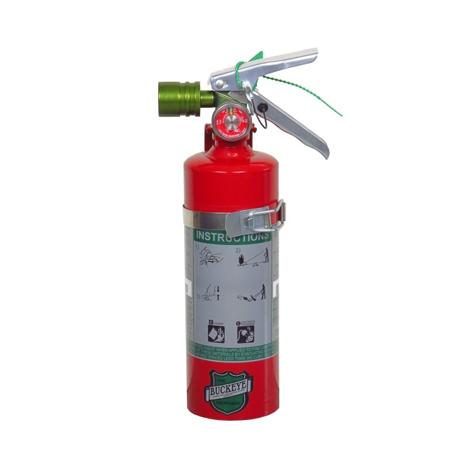 Portable fire extinguisher with Halotron I, 2.0 lbs, class BC, ULC 2B:C, with vehicle hook.