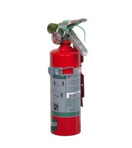 Portable fire extinguisher with Halotron I, 2.0 lbs, class BC, ULC 2B:C, with vehicle hook.