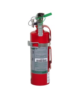 Portable fire extinguisher with Halotron I, 2.0 lbs, class BC, ULC 2B:C, with vehicle hook.