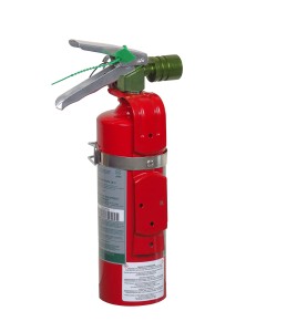 Portable fire extinguisher with Halotron I, 2.0 lbs, class BC, ULC 2B:C, with vehicle hook.