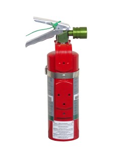 Portable fire extinguisher with Halotron I, 2.0 lbs, class BC, ULC 2B:C, with vehicle hook.