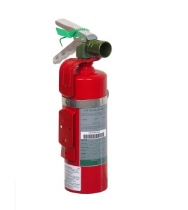 Portable fire extinguisher with Halotron I, 2.0 lbs, class BC, ULC 2B:C, with vehicle hook.