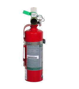 Portable fire extinguisher with Halotron I, 2.0 lbs, class BC, ULC 2B:C, with vehicle hook.