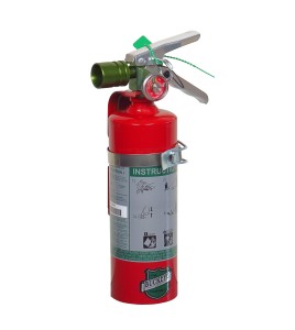 Portable fire extinguisher with Halotron I, 2.0 lbs, class BC, ULC 2B:C, with vehicle hook.