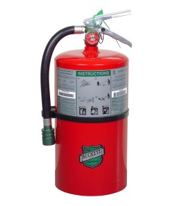 Portable fire extinguisher with Halotron I, 15.5 lbs, class ABC, ULC 2-A:10B:C, with wall hook.