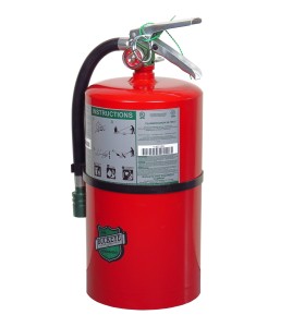 Portable fire extinguisher with Halotron I, 15.5 lbs, class ABC, ULC 2-A:10B:C, with wall hook.